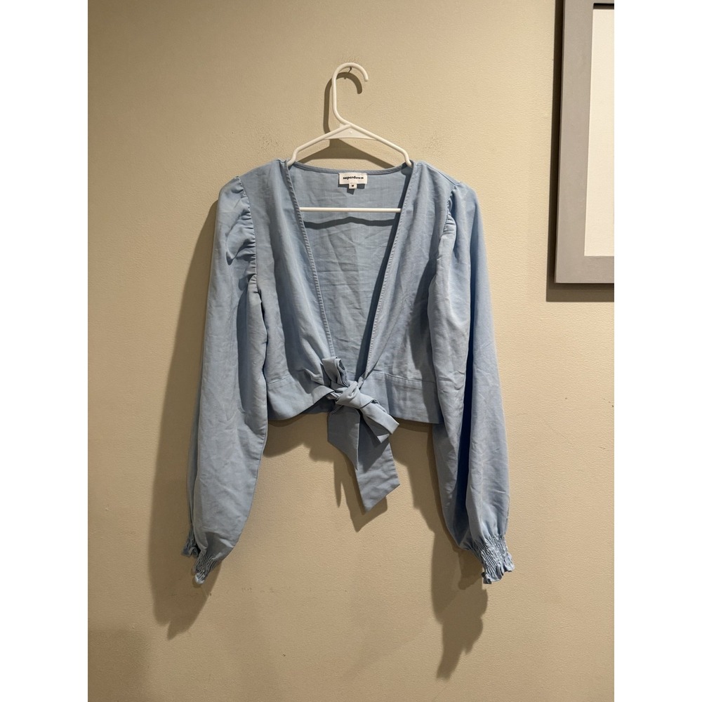 Superdown Blouse Womens Medium Blue Long Sleeve Tie Front Crop Top Puff Sleeve